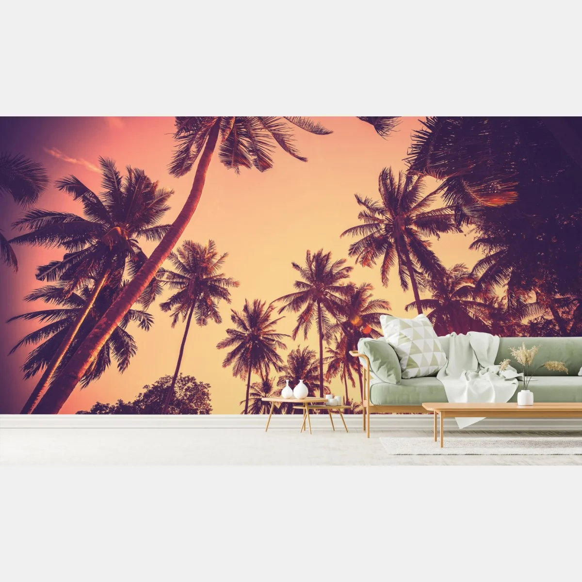 Fototapeta vintage tropikalny zachód słońca z palmami – Wallissimo® Fototapeta vintage tropikalny zachód słońca z palmami – Wallissimo®