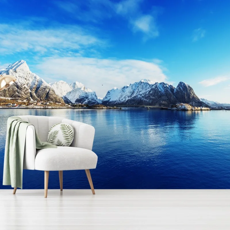 Fototapeta spokojny zimowy fiord w Reine, Lofoty – Wallissimo® Fototapeta spokojny zimowy fiord w Reine, Lofoty – Wallissimo®