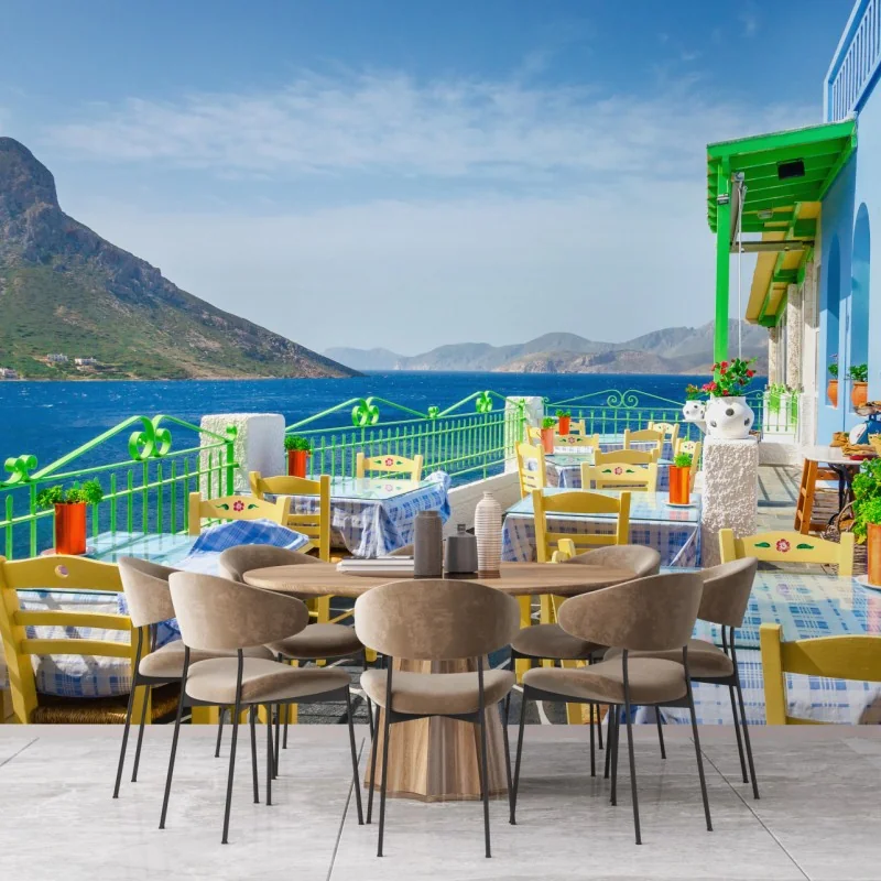 Fototapeta słoneczny taras nadmorski z widokiem na morze – Wallissimo® Fototapeta słoneczny taras nadmorski z widokiem na morze – Wallissimo®