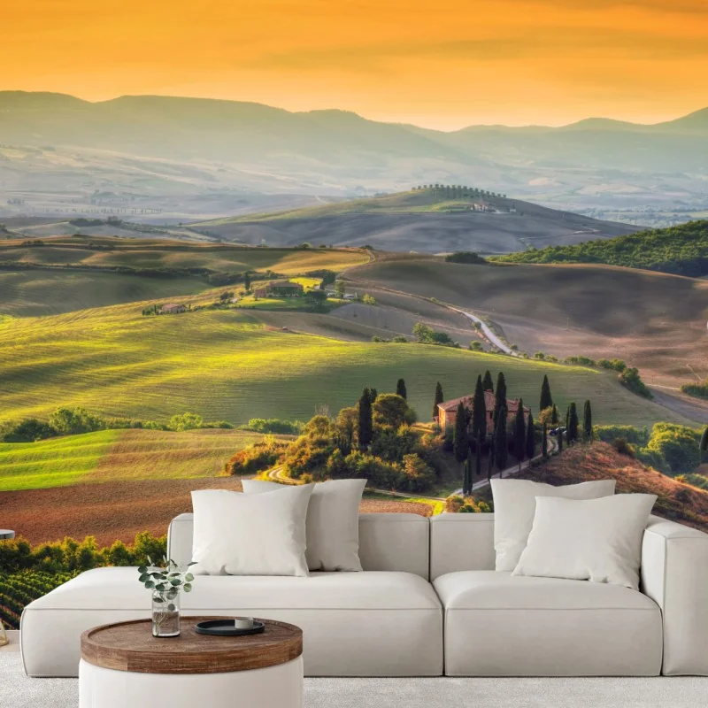 Fototapeta Toskania sielankowe wzgórza o zachodzie słońca – Wallissimo®