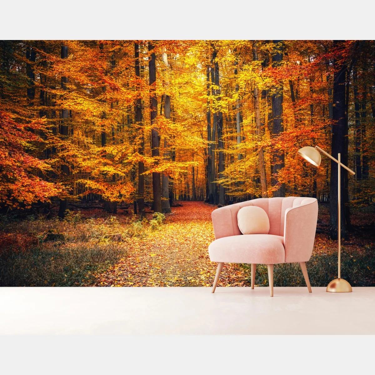 Fototapeta jesienny las ze złotą ścieżką – Wallissimo® Fototapeta jesienny las ze złotą ścieżką – Wallissimo®