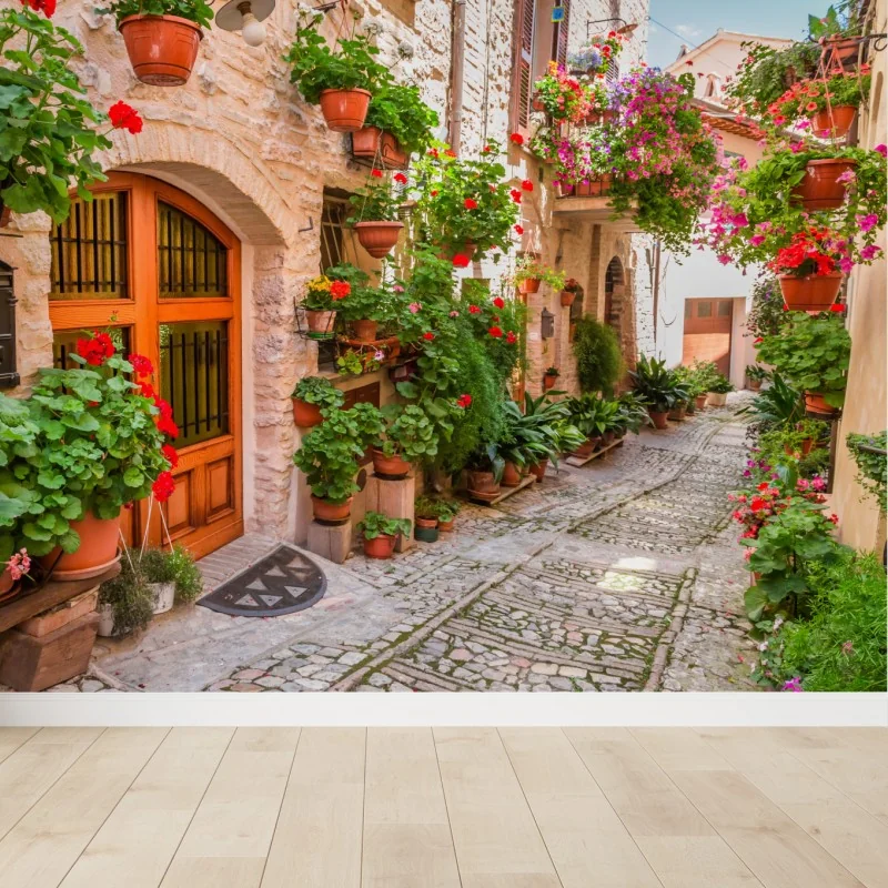 Fototapeta słoneczna uliczka we Włochach z kwitnącymi donicami – Wallissimo®