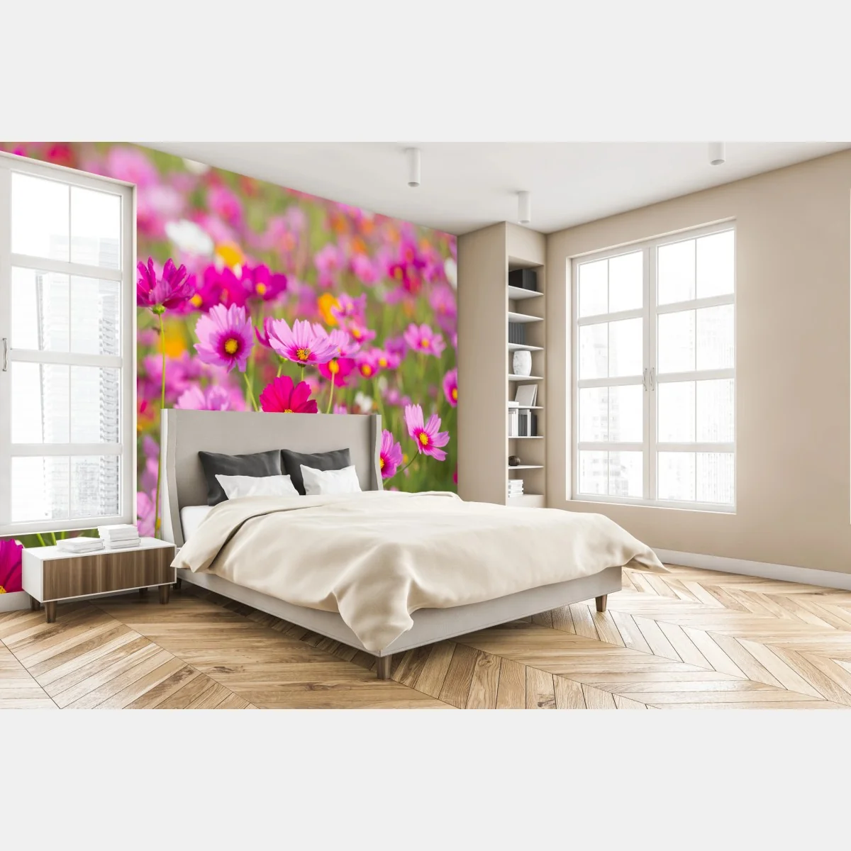Fototapeta różowa łąka kosmosów w rozkwicie – Wallissimo® Fototapeta różowa łąka kosmosów w rozkwicie – Wallissimo®