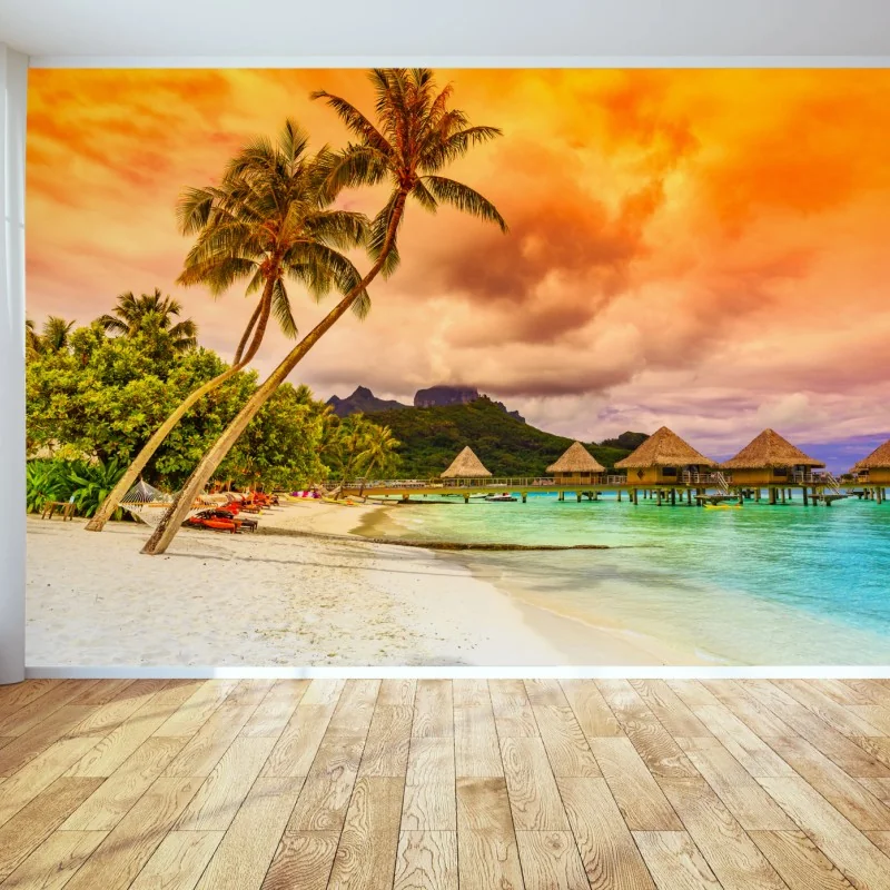 Fototapeta zachód słońca w Bora Bora nad bungalowami na wodzie – Wallissimo® Fototapeta zachód słońca w Bora Bora nad bungalowami na wodzie – Wallissimo®