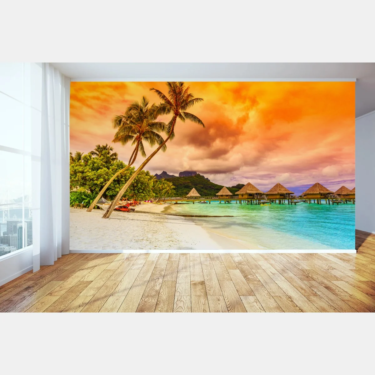 Fototapeta zachód słońca w Bora Bora nad bungalowami na wodzie – Wallissimo® Fototapeta zachód słońca w Bora Bora nad bungalowami na wodzie – Wallissimo®