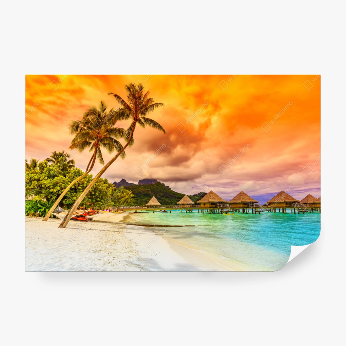 Fototapeta zachód słońca w Bora Bora nad bungalowami na wodzie – Wallissimo® Fototapeta zachód słońca w Bora Bora nad bungalowami na wodzie – Wallissimo®