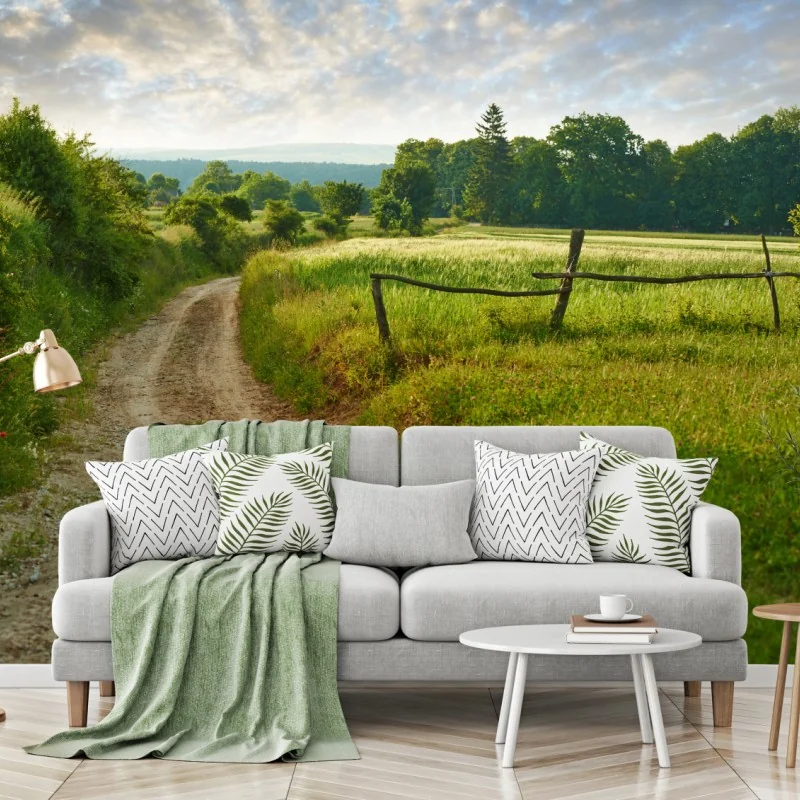 Fototapeta słoneczna wiejska ścieżka przez zielone łąki – Wallissimo® Fototapeta słoneczna wiejska ścieżka przez zielone łąki – Wallissimo®