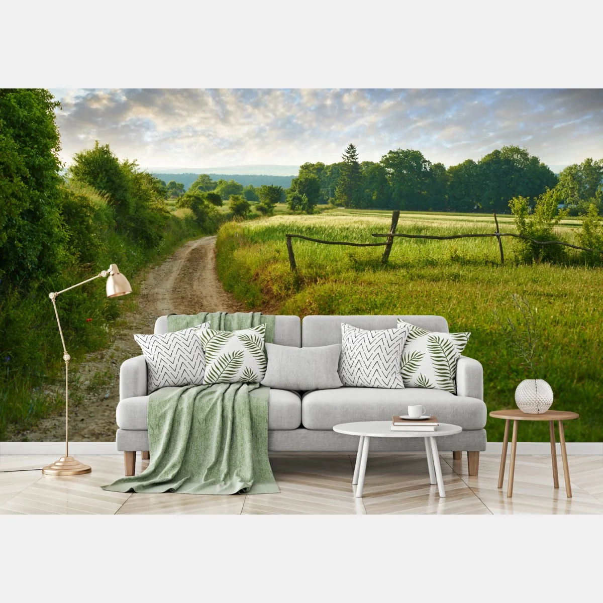 Fototapeta słoneczna wiejska ścieżka przez zielone łąki – Wallissimo® Fototapeta słoneczna wiejska ścieżka przez zielone łąki – Wallissimo®