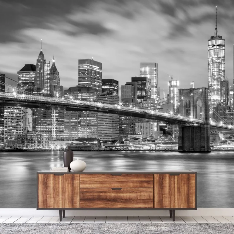 Fototapeta czarno-biała panorama Nowy Jork z Mostem Brooklyńskim – Wallissimo® Fototapeta czarno-biała panorama Nowy Jork z Mostem Brooklyńskim – Wallissimo®