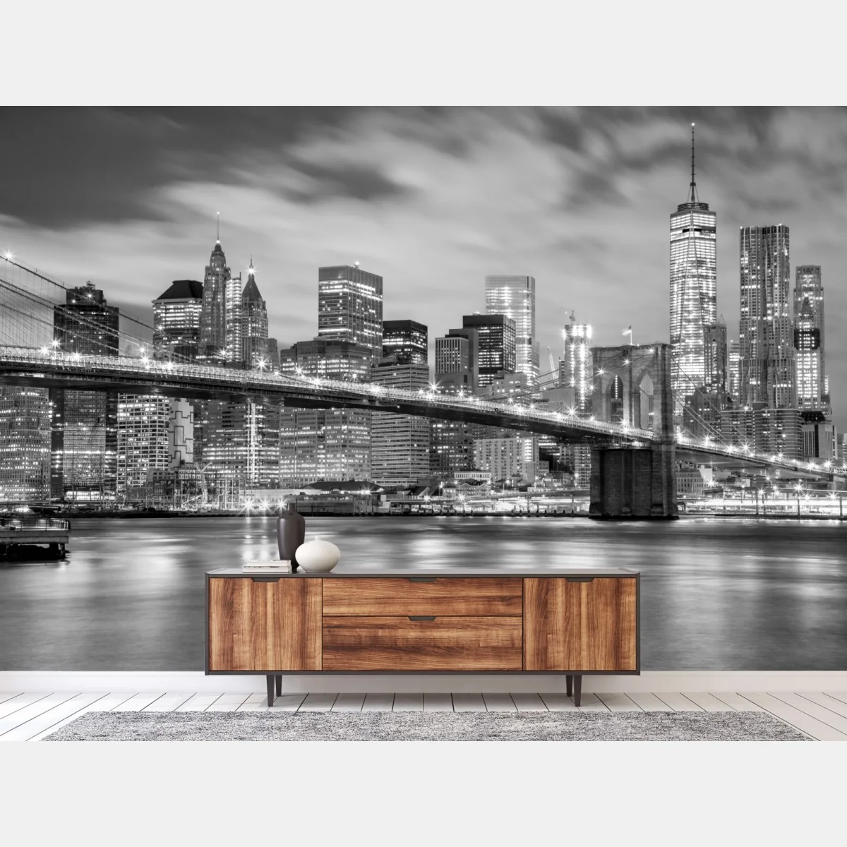 Fototapeta czarno-biała panorama Nowy Jork z Mostem Brooklyńskim – Wallissimo® Fototapeta czarno-biała panorama Nowy Jork z Mostem Brooklyńskim – Wallissimo®