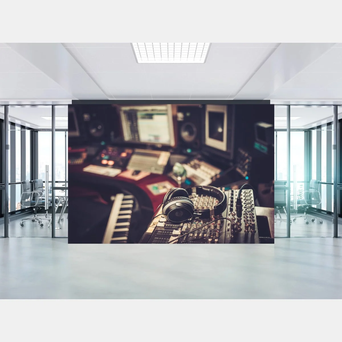 Fototapeta vintageowe studio nagraniowe przy konsoli mikserskiej – Wallissimo® Fototapeta vintageowe studio nagraniowe przy konsoli mikserskiej – Wallissimo®