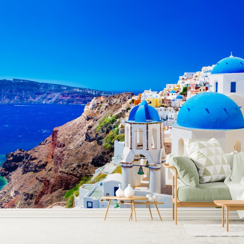 Fototapeta Santorini niebieskie kopuły nad Morzem Egejskim – Wallissimo®
