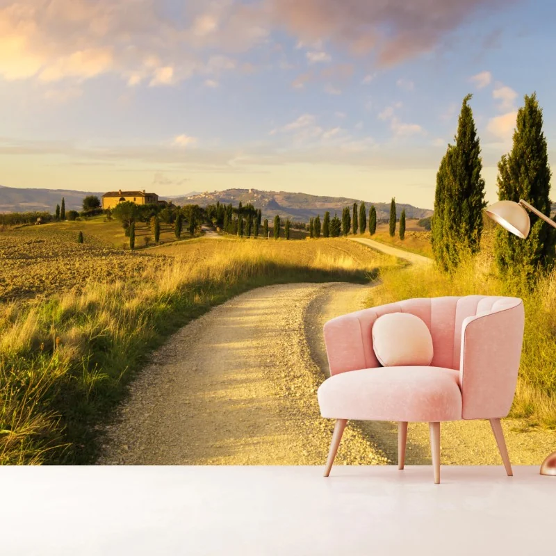 Fototapeta złota wiejska droga wśród cyprysów – Wallissimo® Fototapeta złota wiejska droga wśród cyprysów – Wallissimo®