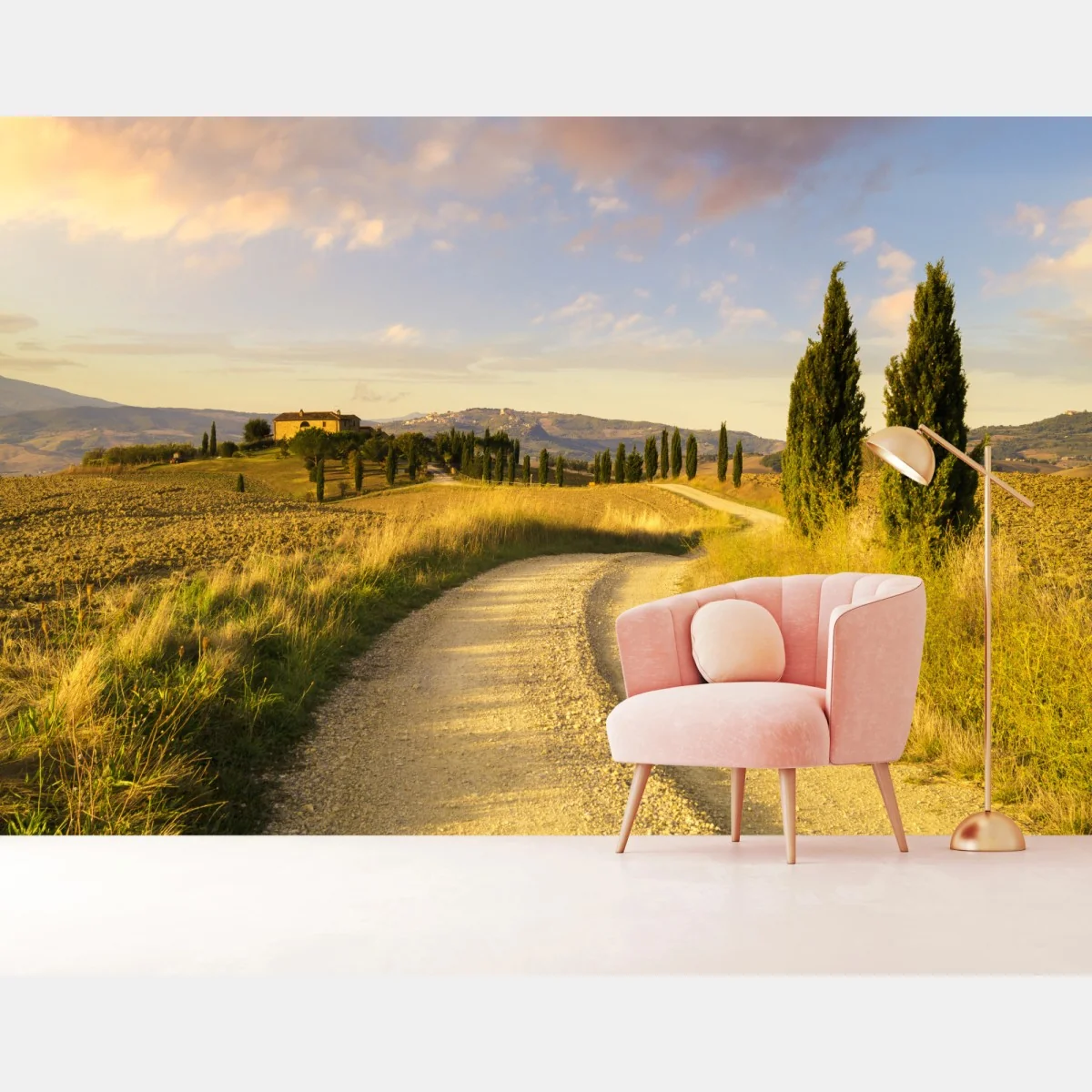 Fototapeta złota wiejska droga wśród cyprysów – Wallissimo® Fototapeta złota wiejska droga wśród cyprysów – Wallissimo®