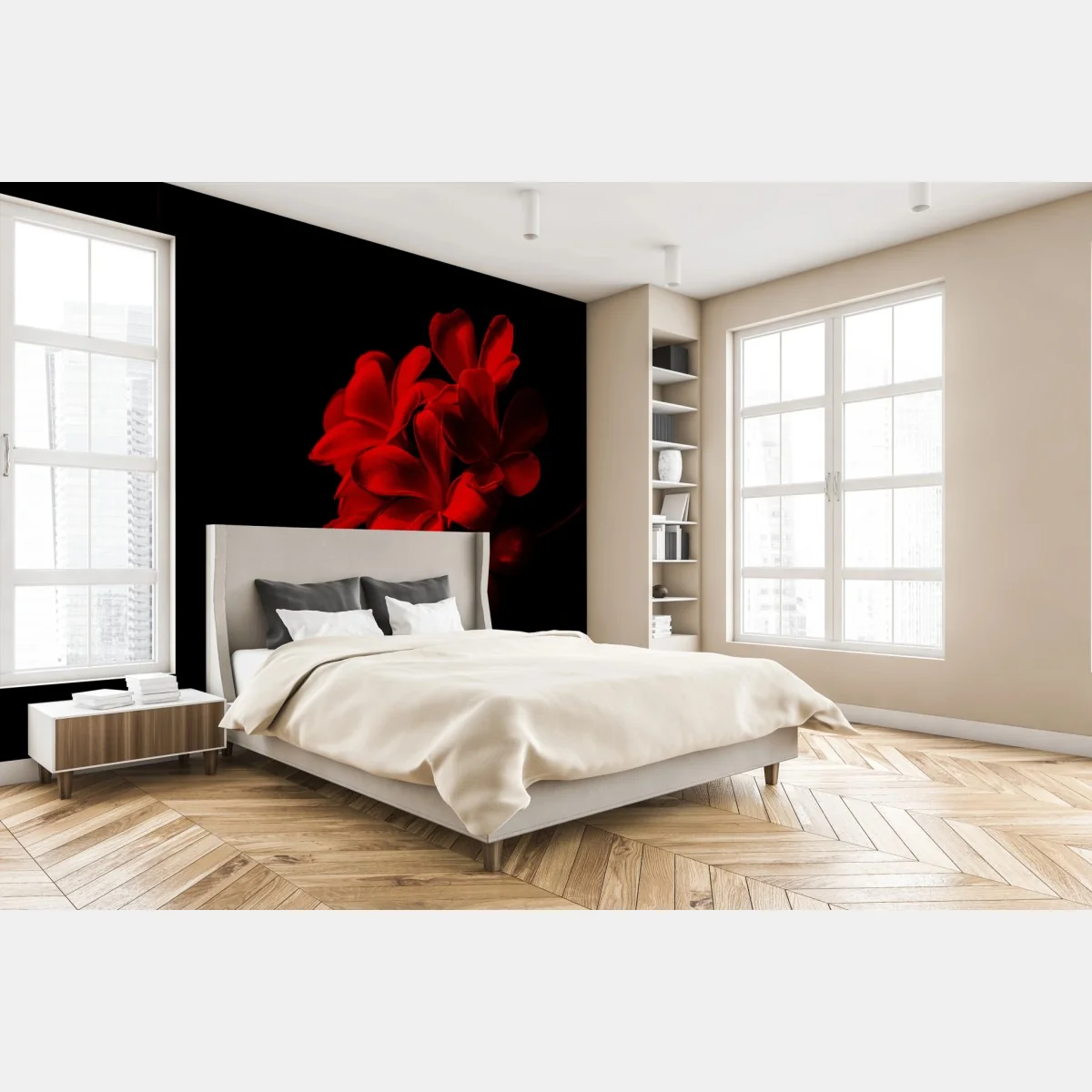Fototapeta czerwona plumeria na czarnym tle – Wallissimo® Fototapeta czerwona plumeria na czarnym tle – Wallissimo®