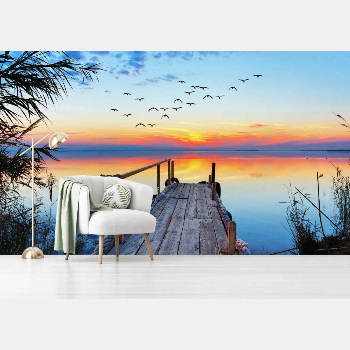 Fototapeta pomost o zachodzie słońca nad jeziorem – Wallissimo® Fototapeta pomost o zachodzie słońca nad jeziorem – Wallissimo®