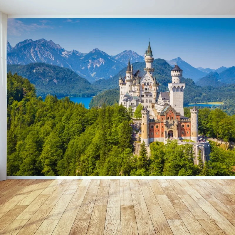 Fototapeta zamek Neuschwanstein w alpejskim krajobrazie – Wallissimo® Fototapeta zamek Neuschwanstein w alpejskim krajobrazie – Wallissimo®