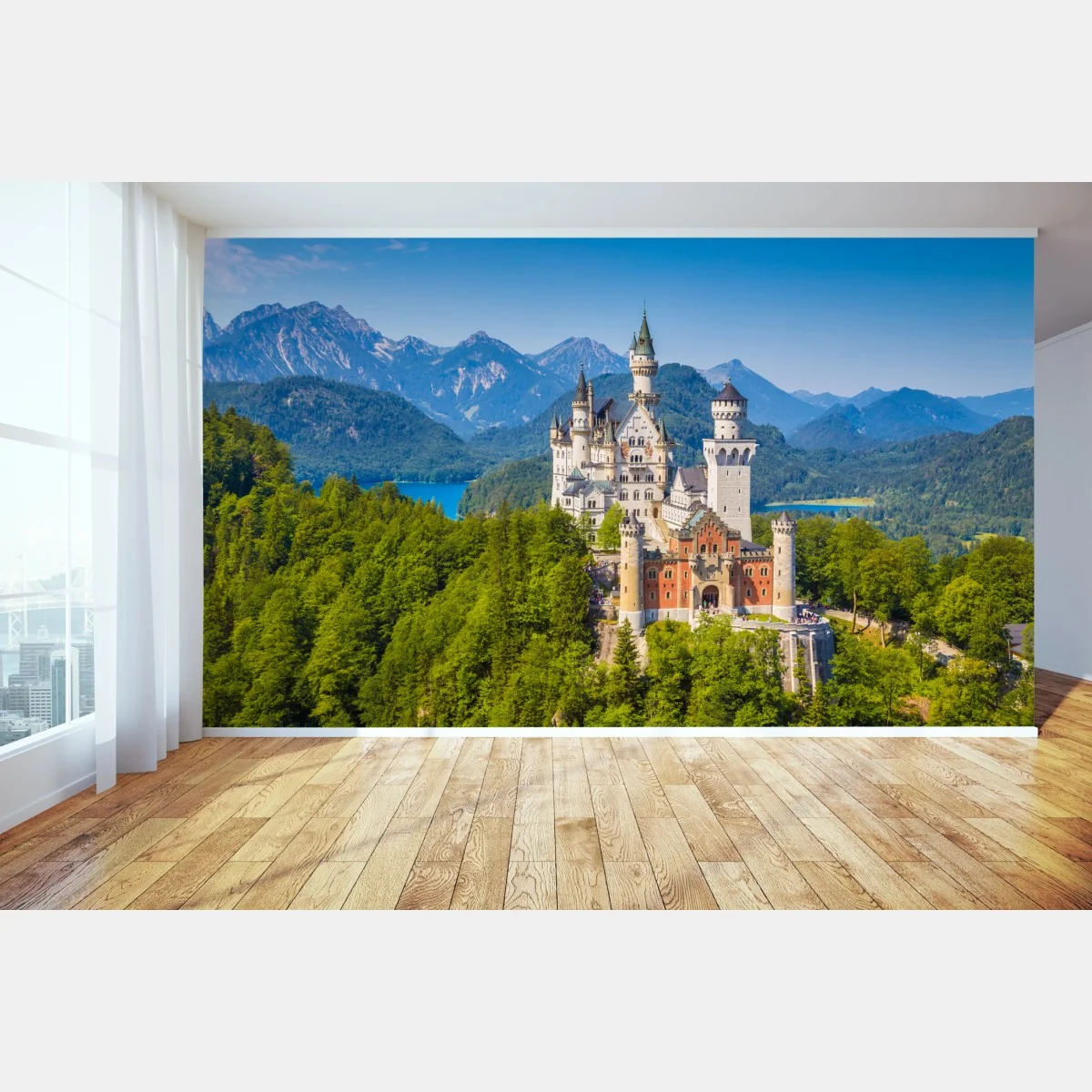 Fototapeta zamek Neuschwanstein w alpejskim krajobrazie – Wallissimo® Fototapeta zamek Neuschwanstein w alpejskim krajobrazie – Wallissimo®