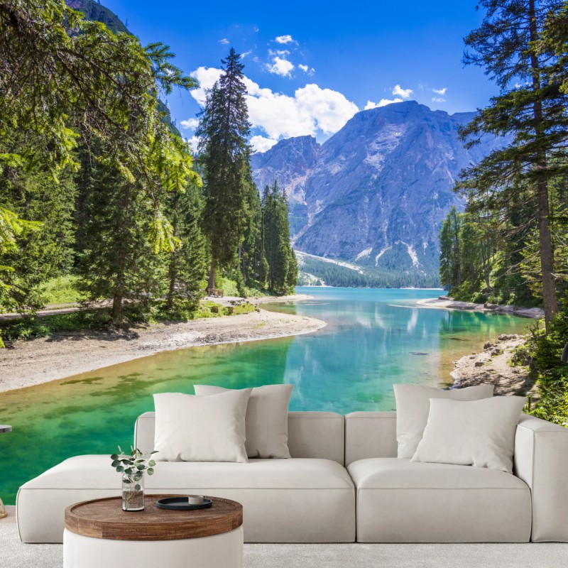 Fototapeta Pragser Wildsee turkusowe górskie jezioro – Wallissimo® Fototapeta Pragser Wildsee turkusowe górskie jezioro – Wallissimo®