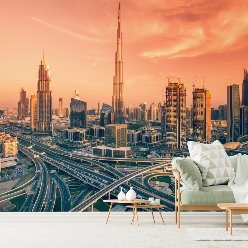 Fototapeta panorama Dubaju o zachodzie słońca – Wallissimo® Fototapeta panorama Dubaju o zachodzie słońca – Wallissimo®