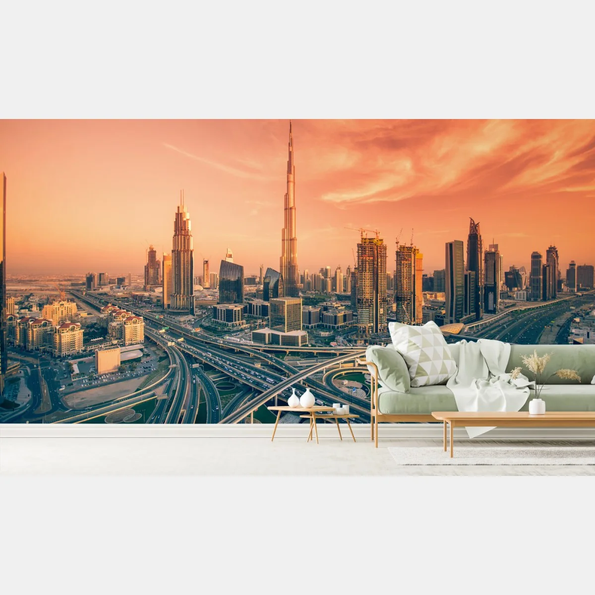 Fototapeta panorama Dubaju o zachodzie słońca – Wallissimo® Fototapeta panorama Dubaju o zachodzie słońca – Wallissimo®