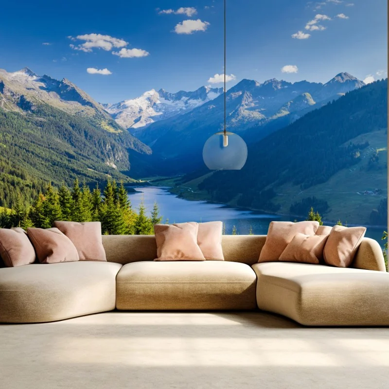 Fototapeta spokojna dolina z alpejskim jeziorem – Wallissimo® Fototapeta spokojna dolina z alpejskim jeziorem – Wallissimo®