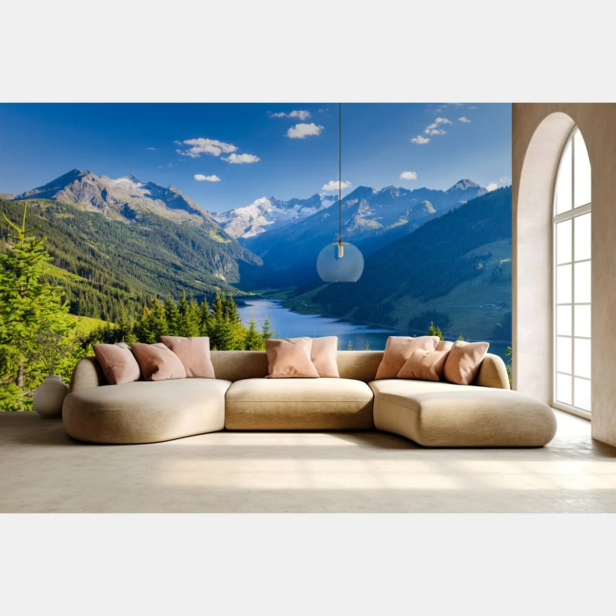 Fototapeta spokojna dolina z alpejskim jeziorem – Wallissimo® Fototapeta spokojna dolina z alpejskim jeziorem – Wallissimo®