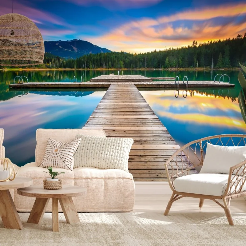 Fototapeta spokojne górskie jezioro o zachodzie słońca – Wallissimo® Fototapeta spokojne górskie jezioro o zachodzie słońca – Wallissimo®