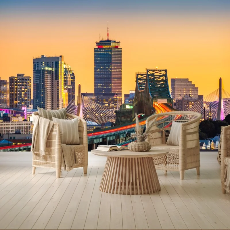 Fototapeta panorama Bostonu o zachodzie słońca z mostami Zakim i Tobin – Wallissimo® Fototapeta panorama Bostonu o zachodzie słońca z mostami Zakim i Tobin – Wallissimo®