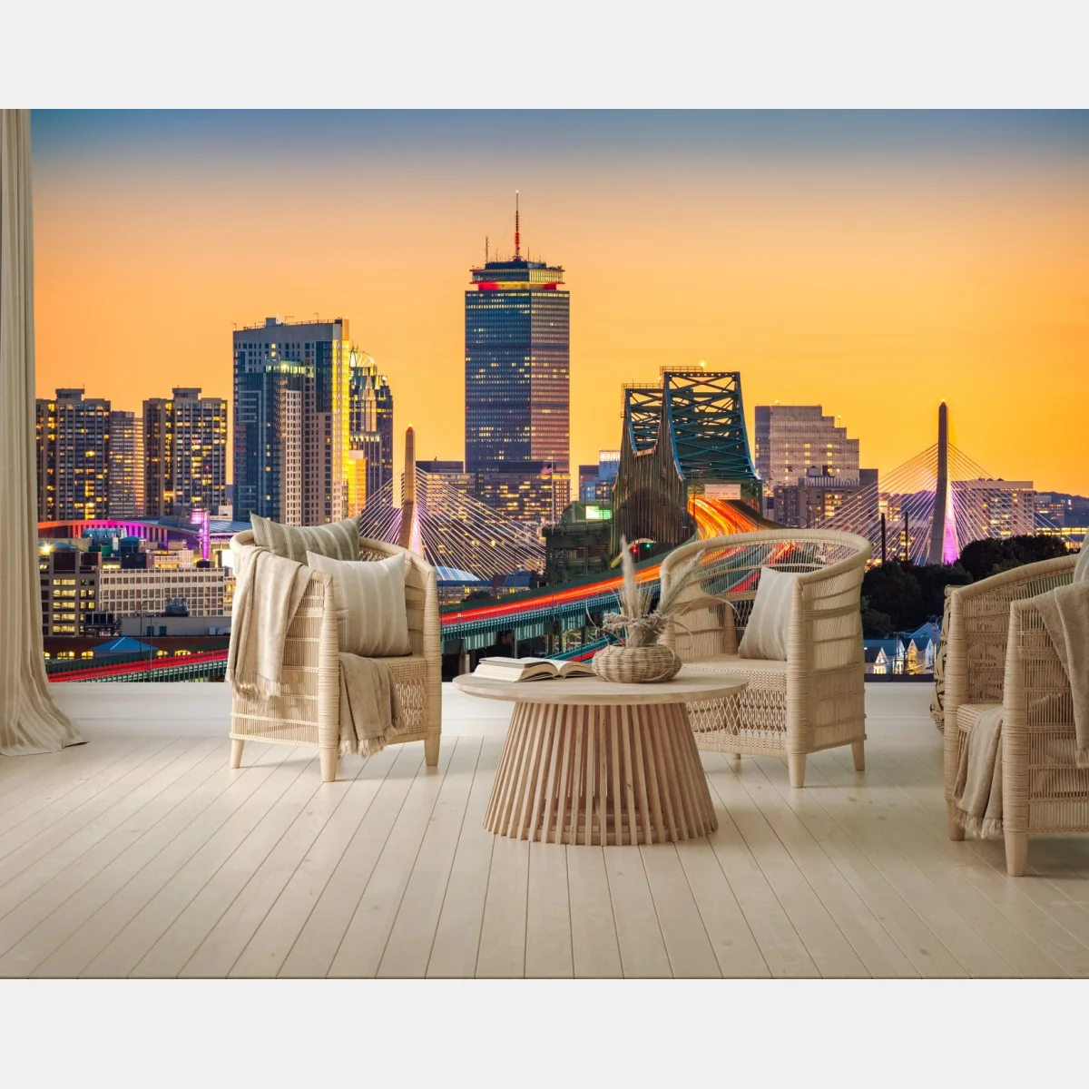 Fototapeta panorama Bostonu o zachodzie słońca z mostami Zakim i Tobin – Wallissimo® Fototapeta panorama Bostonu o zachodzie słońca z mostami Zakim i Tobin – Wallissimo®