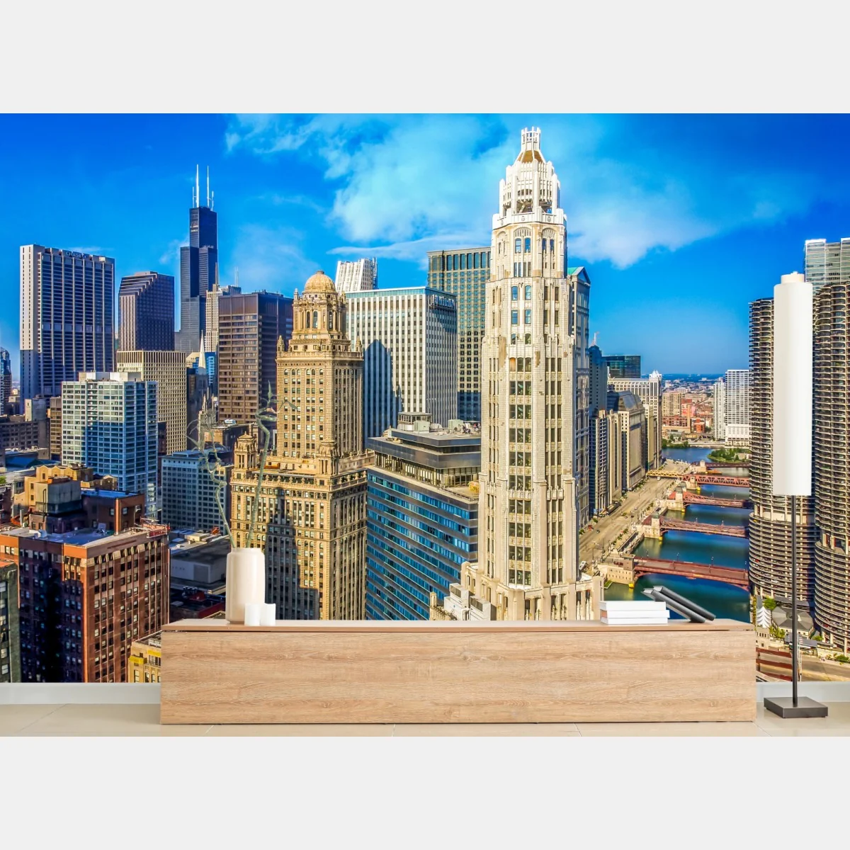 Fototapeta Chicago panorama nad rzeką – Wallissimo® Fototapeta Chicago panorama nad rzeką – Wallissimo®