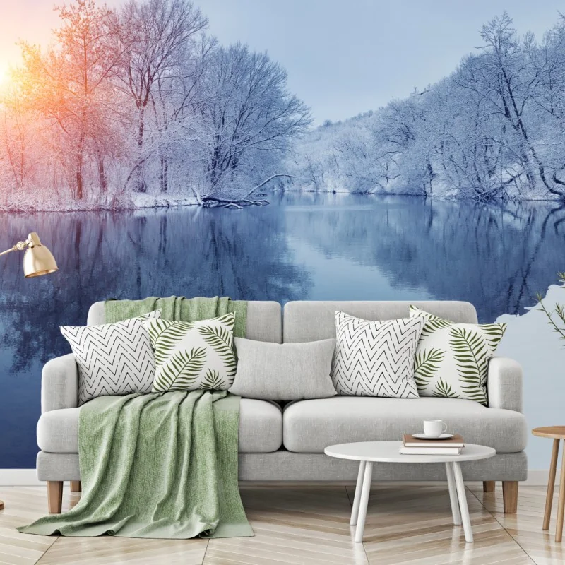 Fototapeta zimowy krajobraz rzeki o zachodzie słońca – Wallissimo®