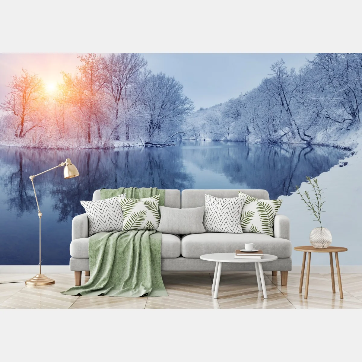 Fototapeta zimowy krajobraz rzeki o zachodzie słońca – Wallissimo®