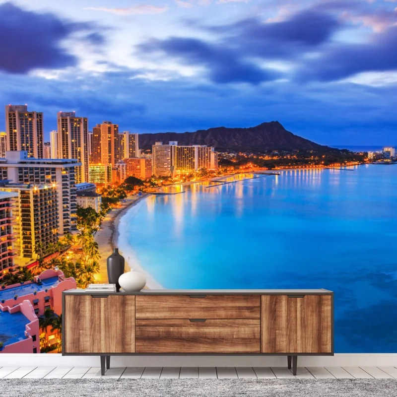 Fototapeta panorama Waikiki i Diamond Head o zmierzchu – Wallissimo® Fototapeta panorama Waikiki i Diamond Head o zmierzchu – Wallissimo®