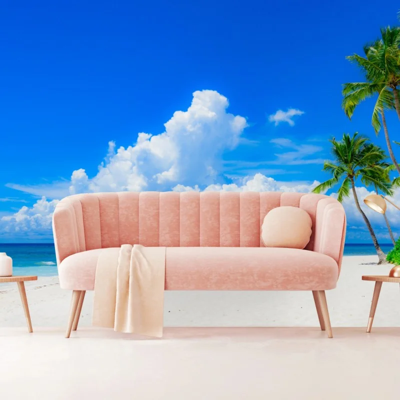 Fototapeta tropikalna plaża z palmami pod błękitnym niebem – Wallissimo® Fototapeta tropikalna plaża z palmami pod błękitnym niebem – Wallissimo®