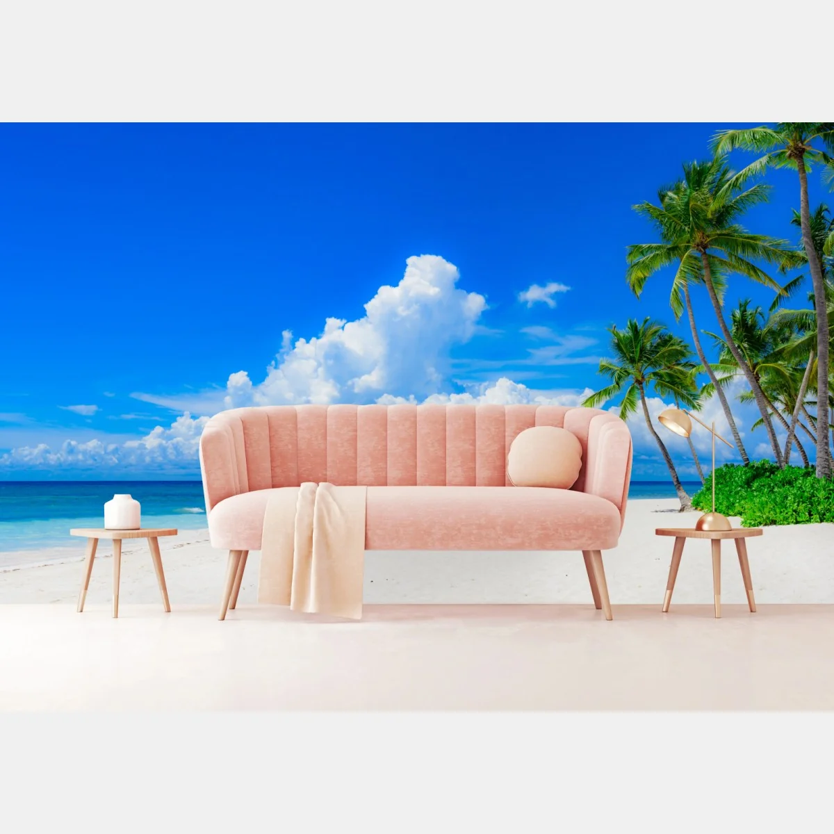 Fototapeta tropikalna plaża z palmami pod błękitnym niebem – Wallissimo® Fototapeta tropikalna plaża z palmami pod błękitnym niebem – Wallissimo®