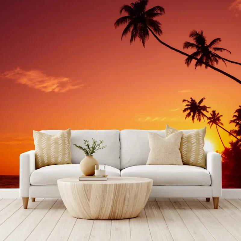 Fototapeta tropikalny zachód słońca nad plażą – Wallissimo® Fototapeta tropikalny zachód słońca nad plażą – Wallissimo®