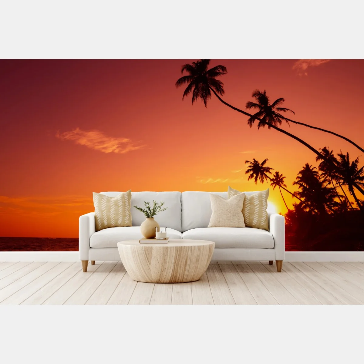 Fototapeta tropikalny zachód słońca nad plażą – Wallissimo® Fototapeta tropikalny zachód słońca nad plażą – Wallissimo®