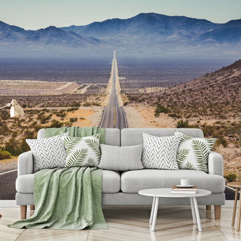 Fototapeta niekończąca się droga przez pustynię do gór – Wallissimo® Fototapeta niekończąca się droga przez pustynię do gór – Wallissimo®