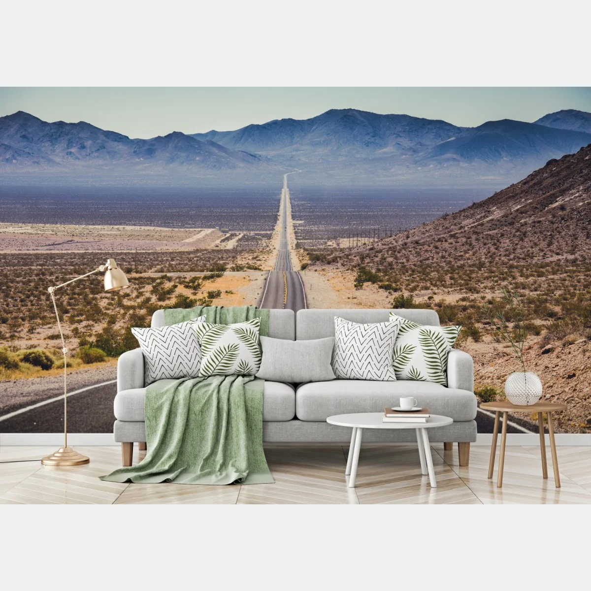 Fototapeta niekończąca się droga przez pustynię do gór – Wallissimo® Fototapeta niekończąca się droga przez pustynię do gór – Wallissimo®