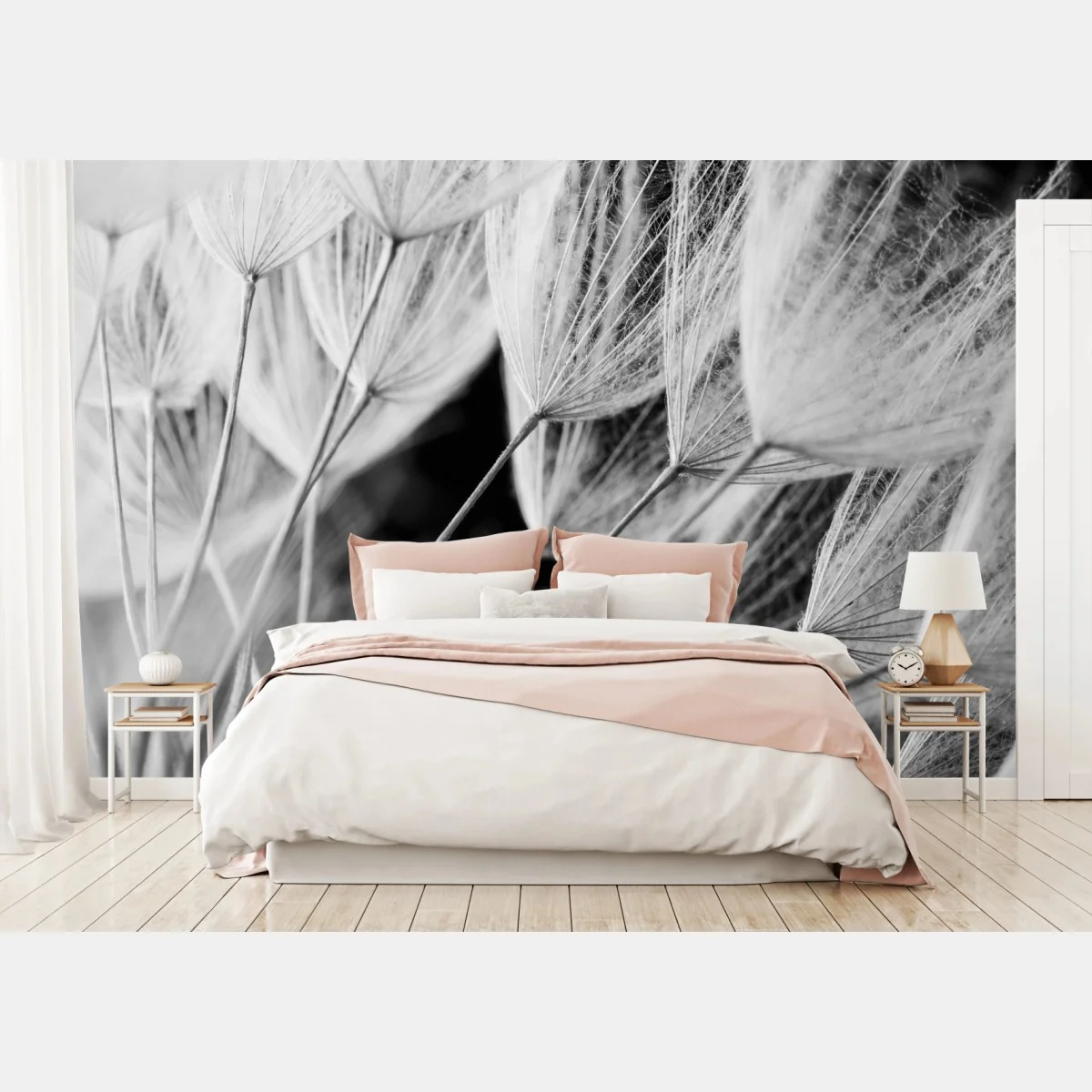 Fototapeta delikatne zbliżenie nasion dmuchawca czarno-białe – Wallissimo® Fototapeta delikatne zbliżenie nasion dmuchawca czarno-białe – Wallissimo®