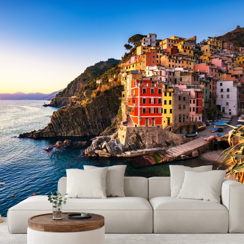 Fototapeta zachód słońca nad Riomaggiore, Cinque Terre – Wallissimo® Fototapeta zachód słońca nad Riomaggiore, Cinque Terre – Wallissimo®