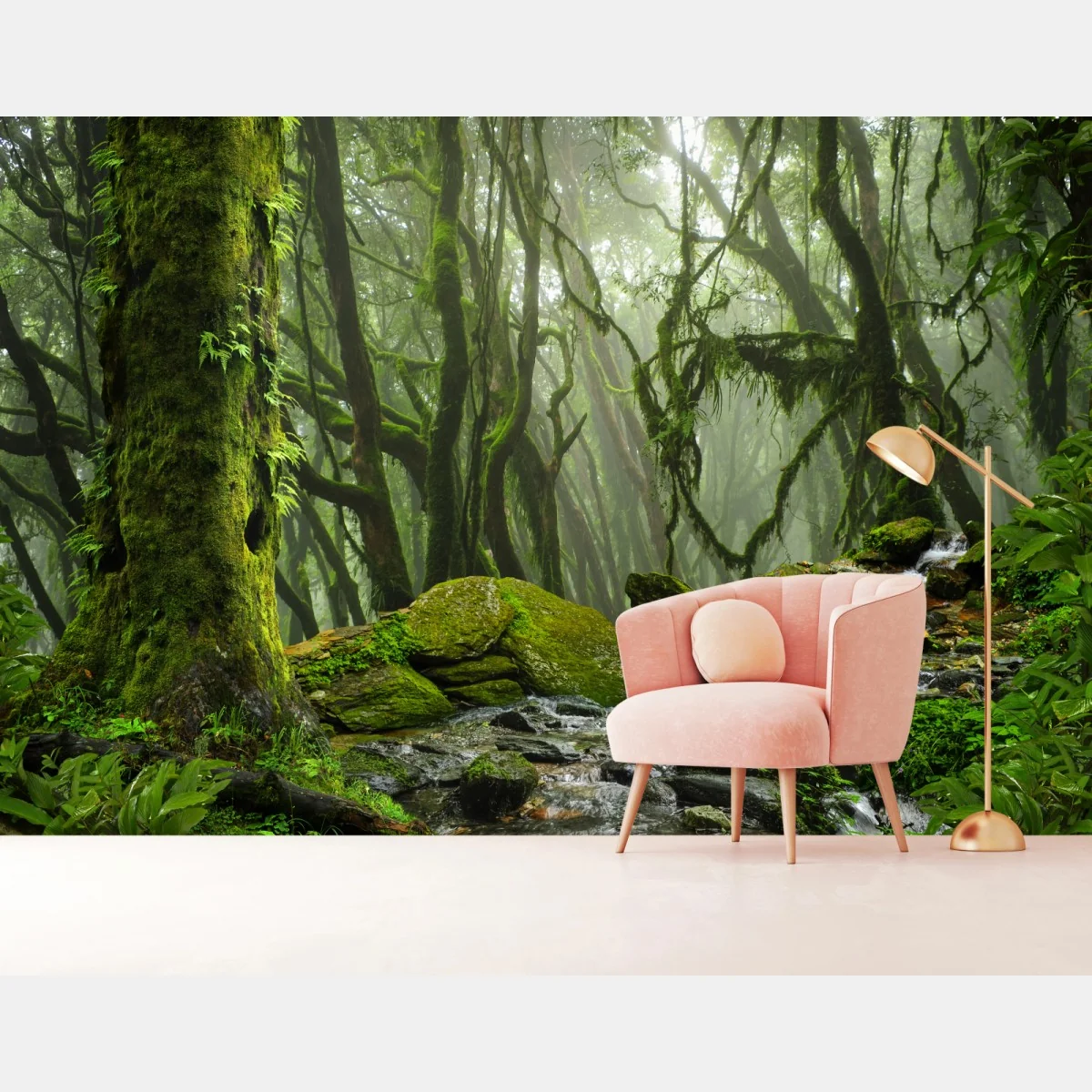 Fototapeta las ze strumieniem we mgle – Wallissimo® Fototapeta las ze strumieniem we mgle – Wallissimo®