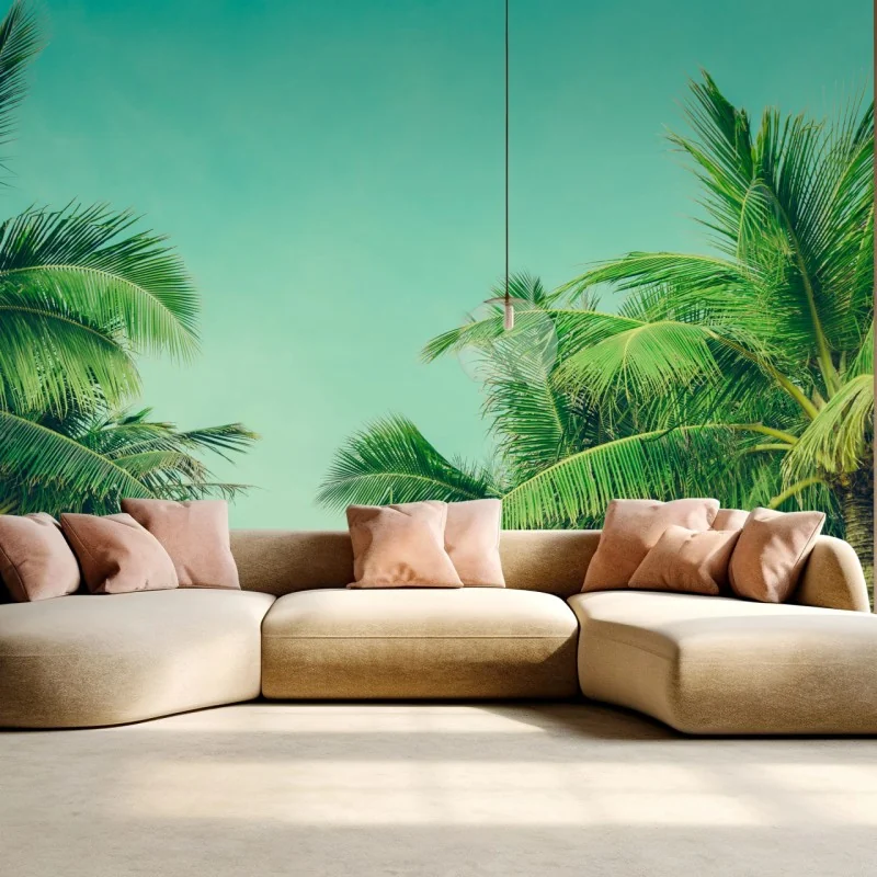 Fototapeta tropikalny baldachim palm pod turkusowym niebem – Wallissimo® Fototapeta tropikalny baldachim palm pod turkusowym niebem – Wallissimo®