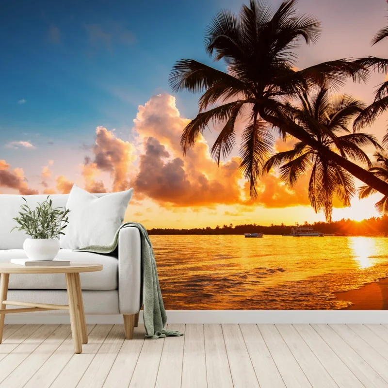 Fototapeta tropikalny zachód słońca z sylwetkami palm, Dominikana – Wallissimo® Fototapeta tropikalny zachód słońca z sylwetkami palm, Dominikana – Wallissimo®