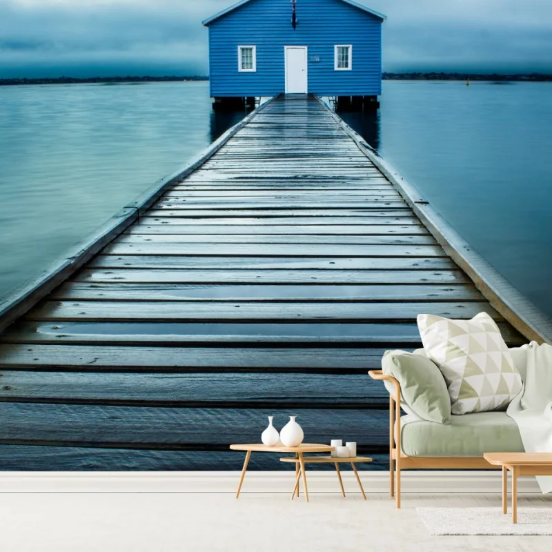 Fototapeta niebieski domek na końcu pomostu – Wallissimo® Fototapeta niebieski domek na końcu pomostu – Wallissimo®