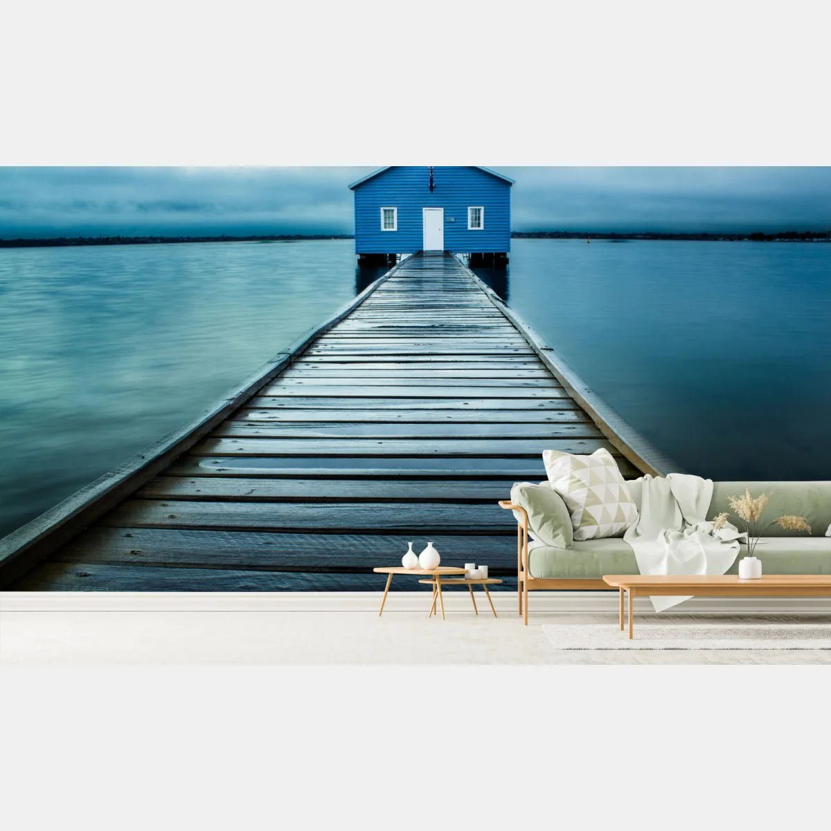 Fototapeta niebieski domek na końcu pomostu – Wallissimo® Fototapeta niebieski domek na końcu pomostu – Wallissimo®