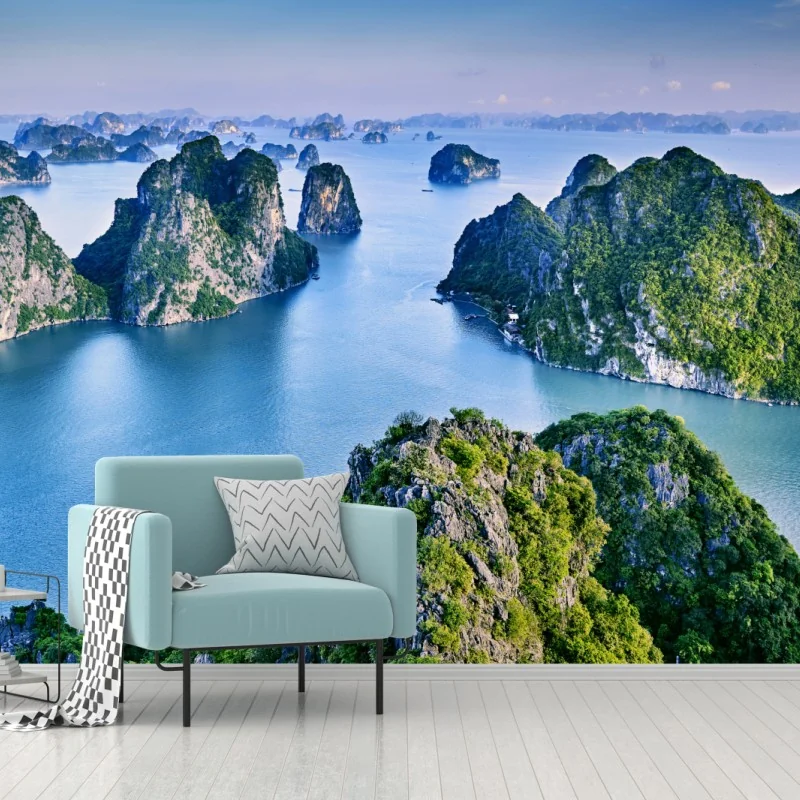 Fototapeta zatoka Ha Long panorama wapiennych wysp – Wallissimo® Fototapeta zatoka Ha Long panorama wapiennych wysp – Wallissimo®