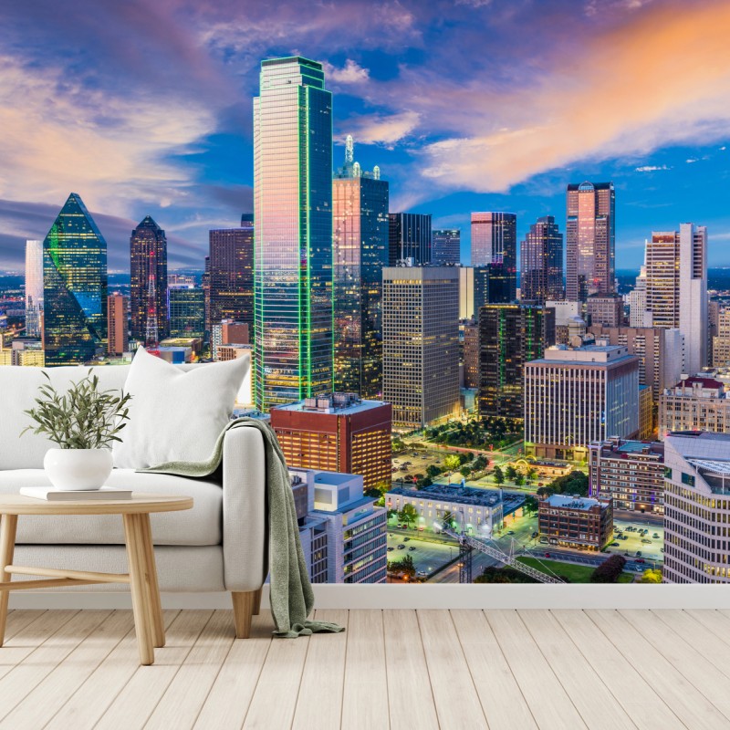 Fototapeta Dallas panorama miasta o zachodzie słońca – Wallissimo® Fototapeta Dallas panorama miasta o zachodzie słońca – Wallissimo®