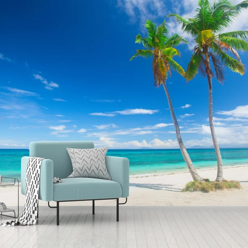 Fototapeta tropikalne palmy na turkusowej plaży – Wallissimo® Fototapeta tropikalne palmy na turkusowej plaży – Wallissimo®